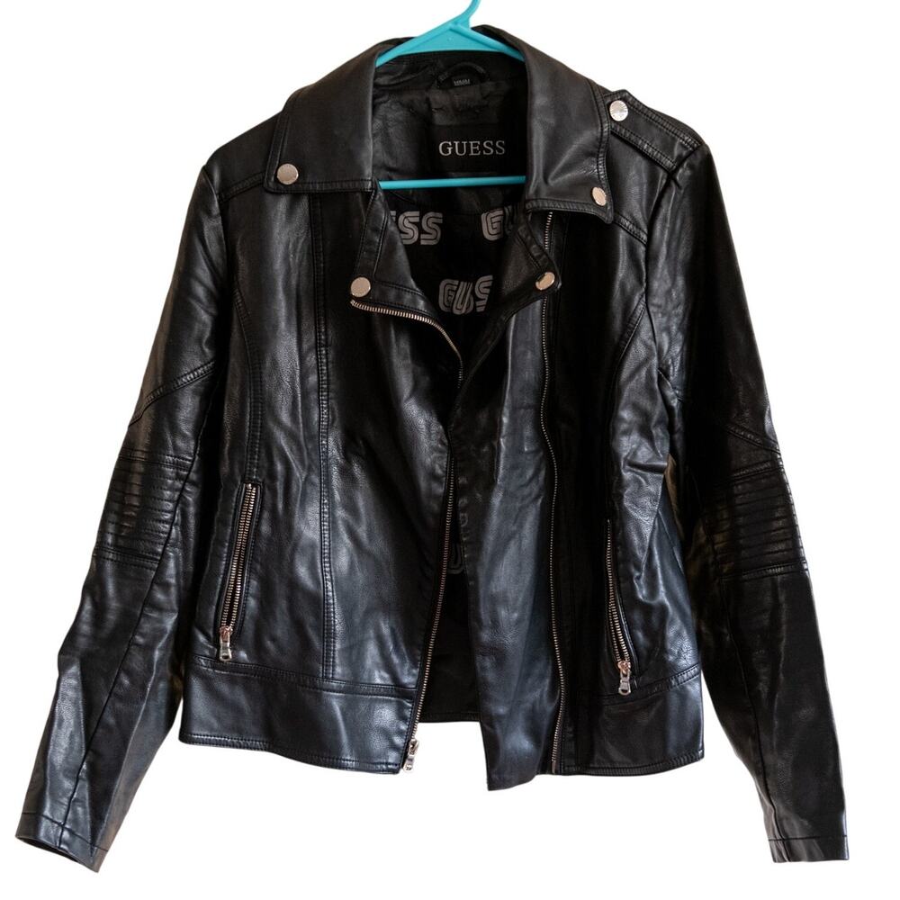 Guess Sz M Faux Leather Black Moto Jacket Biker City Classic Coat Fashion Spring